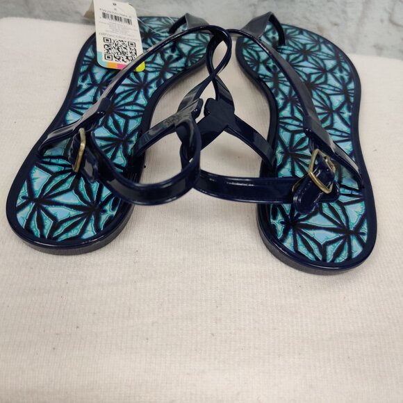 All for Color Jelly Sandals T strap Summer Blue Geometric Print Insole New Sz 8 - Picture 4 of 5